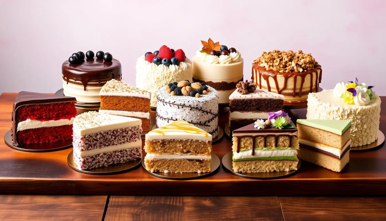 An assortment of colorful cakes with different flavors, including chocolate, vanilla, strawberry, and lemon, arranged on a display table. cake flavors