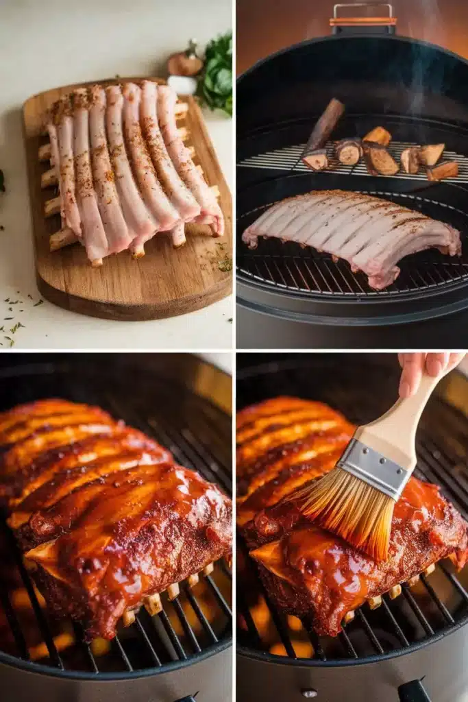 Slow Smoked Turkey Ribs Recipe 3 Step-by-step process of making slow-smoked turkey ribs: raw ribs seasoned on a wooden board, ribs on a smoker with wood chips, and glazed ribs being brushed with BBQ sauce.