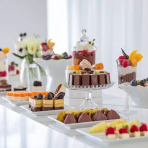 Dessert Flavors DTI Recipes 4 An elegant dessert table featuring an assortment of treats like parfaits, chocolate cakes, fruit tarts, and layered desserts on pristine white platters.