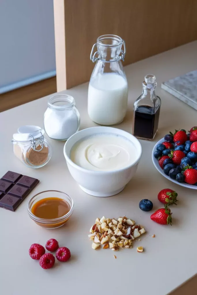 Dessert Flavors DTI Recipes 2 A clean kitchen counter featuring dessert ingredients like fresh berries, chocolate, milk, vanilla extract, sugar, caramel sauce, cream, and chopped nuts.