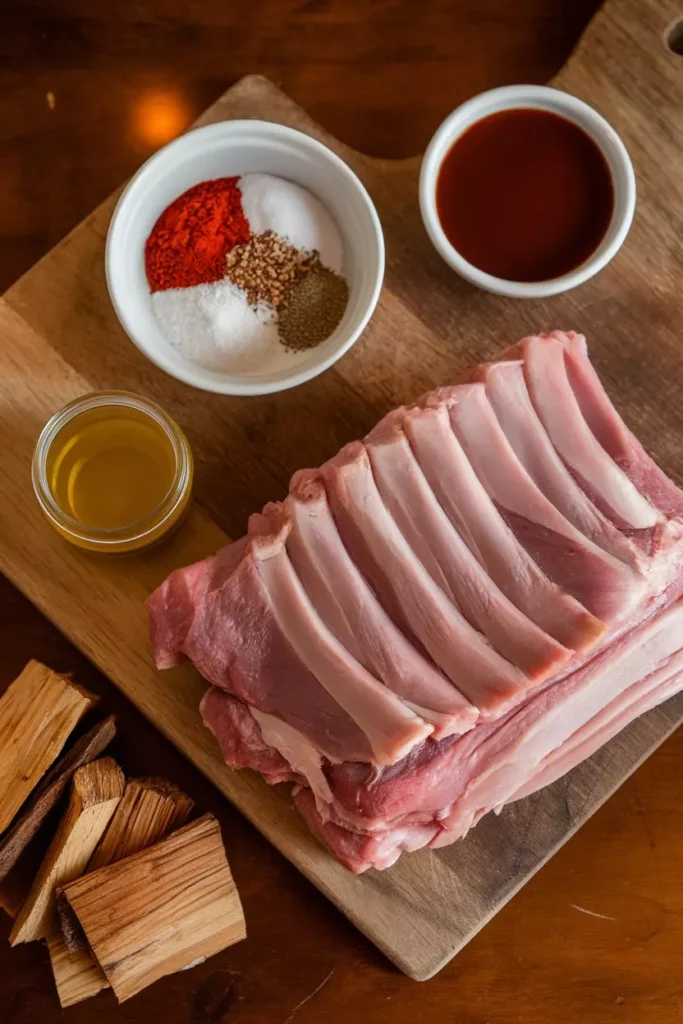 Easy Smoked Turkey Ribs Recipe 2 Flat-lay of ingredients for smoked turkey ribs, including raw turkey ribs, olive oil, spices, barbecue sauce, and wood chips on a wooden board