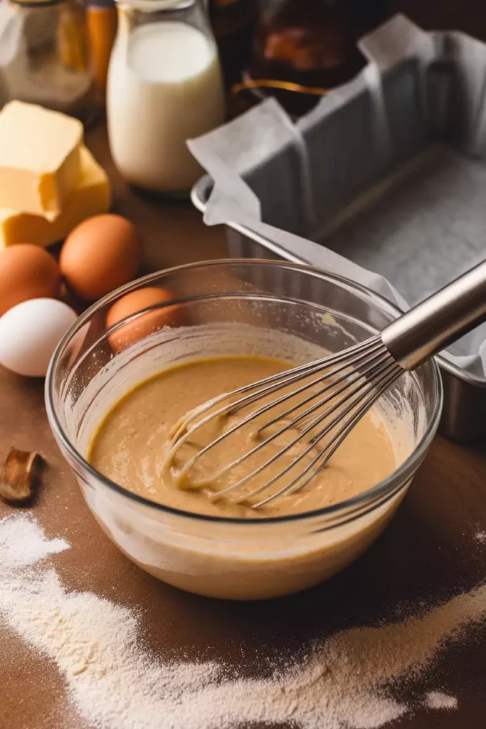 Easy Dessert Flavors DTI 3 Mixing bowl filled with batter and a whisk, surrounded by dessert ingredients and a parchment-lined baking pan.