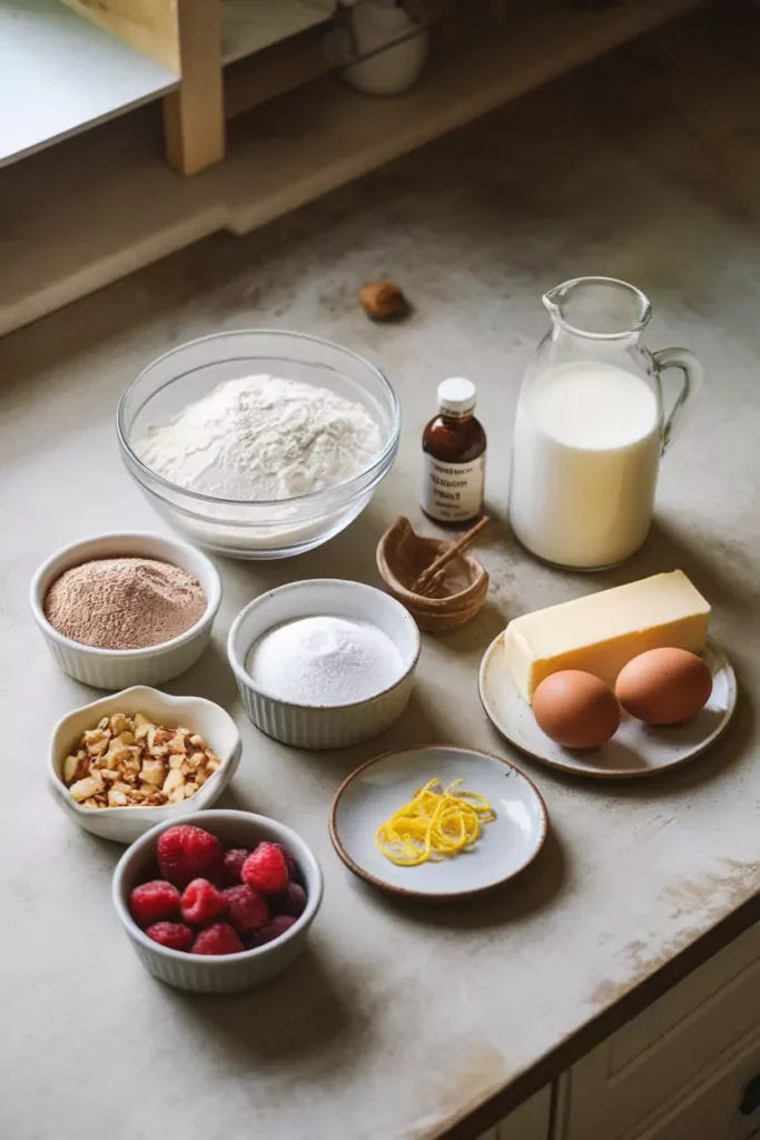 Easy Dessert Flavors DTI 2 Assorted dessert ingredients on a rustic kitchen countertop.