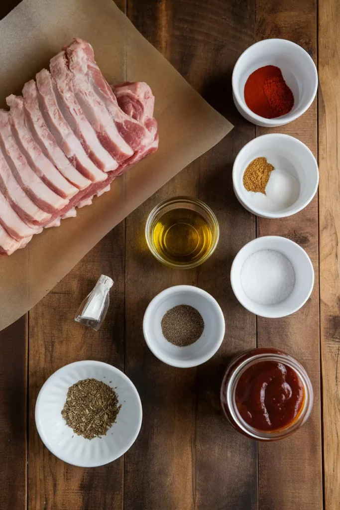 Oven Baked Turkey Ribs Recipe 2 Ingredients for oven-baked turkey ribs arranged on a rustic wooden countertop, including raw turkey ribs, olive oil, spices, and barbecue sauce.