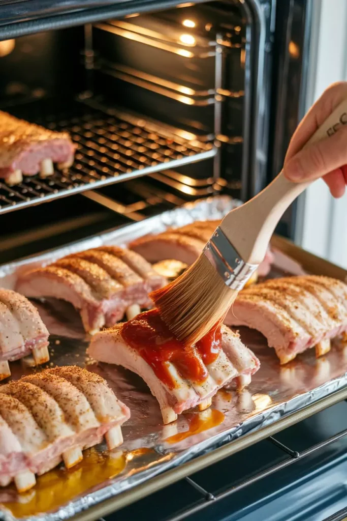 Oven Baked Turkey Ribs Recipe 3 Brushing barbecue sauce onto seasoned turkey ribs on a foil-lined baking sheet inside an oven.