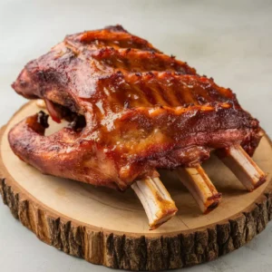 Easy Smoked Turkey Ribs Recipe 4 Perfectly smoked turkey ribs with a glossy barbecue glaze on a wooden serving board.