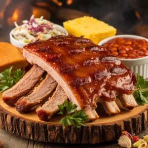 Slow Smoked Turkey Ribs Recipe 4 Slow-smoked turkey ribs glazed with BBQ sauce, served with baked beans, coleslaw, cornbread, and garnished with fresh parsley.