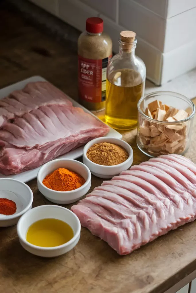 Slow Smoked Turkey Ribs Recipe 2 Key ingredients for slow-smoked turkey ribs, including raw turkey ribs, spices, olive oil, apple cider vinegar, and wood chips.