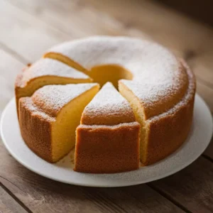 Easy Dessert Flavors DTI 4 A golden bundt cake dusted with powdered sugar, sliced and displayed on a white plate.