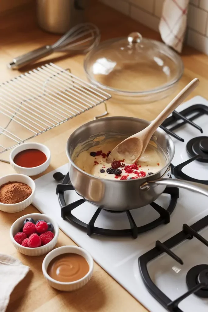 Dessert Flavors DTI Recipes 3 A stovetop with a saucepan containing dessert batter mixed with fresh berries, surrounded by ingredients like cocoa powder, caramel sauce, and more.