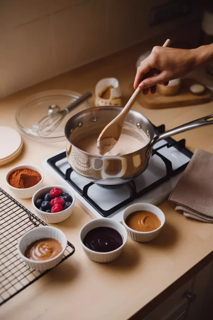 Best Dessert Flavors DTI 3 Cooking a creamy mixture on the stovetop with bowls of ingredients nearby.