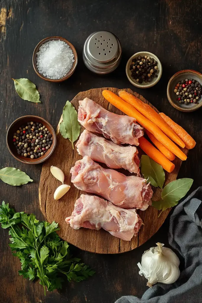 Boiled Turkey Neck Recipe 2 Top-down view of raw turkey necks on a wooden cutting board with carrots, garlic, bay leaves, parsley, and bowls of salt and pepper on a dark rustic background.