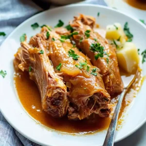 Boiled Turkey Neck Recipe 4 Plate of tender boiled turkey necks topped with rich gravy and garnished with fresh parsley, served alongside boiled potatoes.