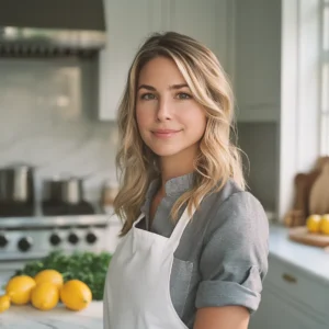 Confident American female chef in her 40s with blonde hair, wearing a gray chef jacket and white apron, standing in a bright modern kitchen with lemons and parsley in the background