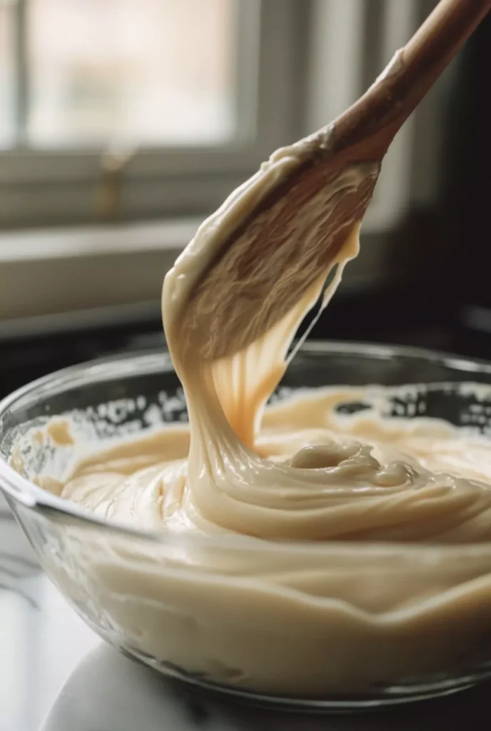 Dti Cake Recipes 3 A close-up of creamy, smooth Dti Cake batter being mixed in a glass bowl with a wooden spoon, showing its rich, velvety texture under soft natural light.