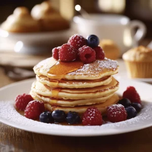 DTI Breakfast Inspired 4 A stack of golden pancakes drizzled with honey, topped with fresh raspberries and blueberries, dusted with powdered sugar, served on a white plate with muffins in the background.