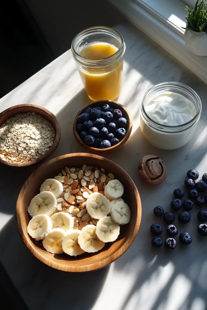 Breakfast Inspired DTI 2 A beautifully arranged flat lay of fresh and natural breakfast ingredients, including a wooden bowl of oats, sliced bananas, almonds, a bowl of blueberries, Greek yogurt, and a glass of orange juice on a marble kitchen counter with soft natural light
