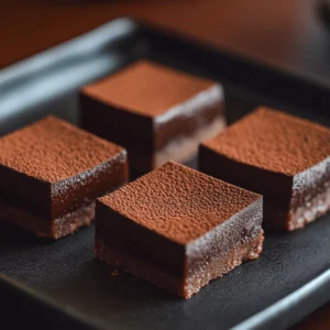 Chocolate Delight DTI 4 Close-up of four rich, creamy chocolate squares dusted with cocoa powder on a dark plate.