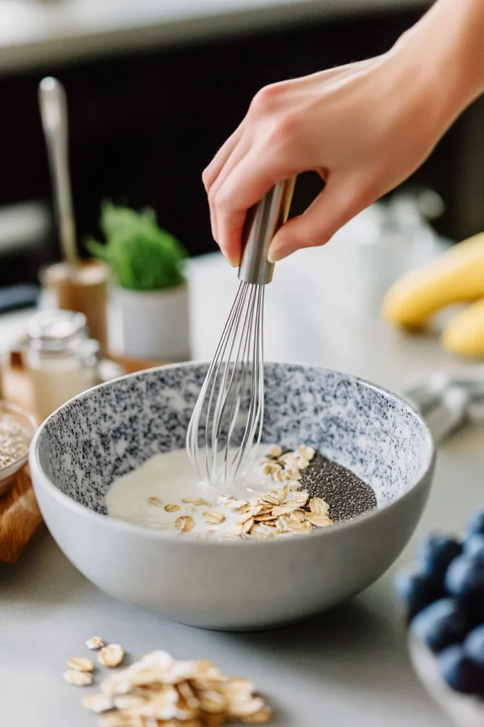 Breakfast Inspired DTI 3 A hand whisking oats, chia seeds, and yogurt in a speckled ceramic mixing bowl on a modern kitchen counter, with blurred ingredients in the background.