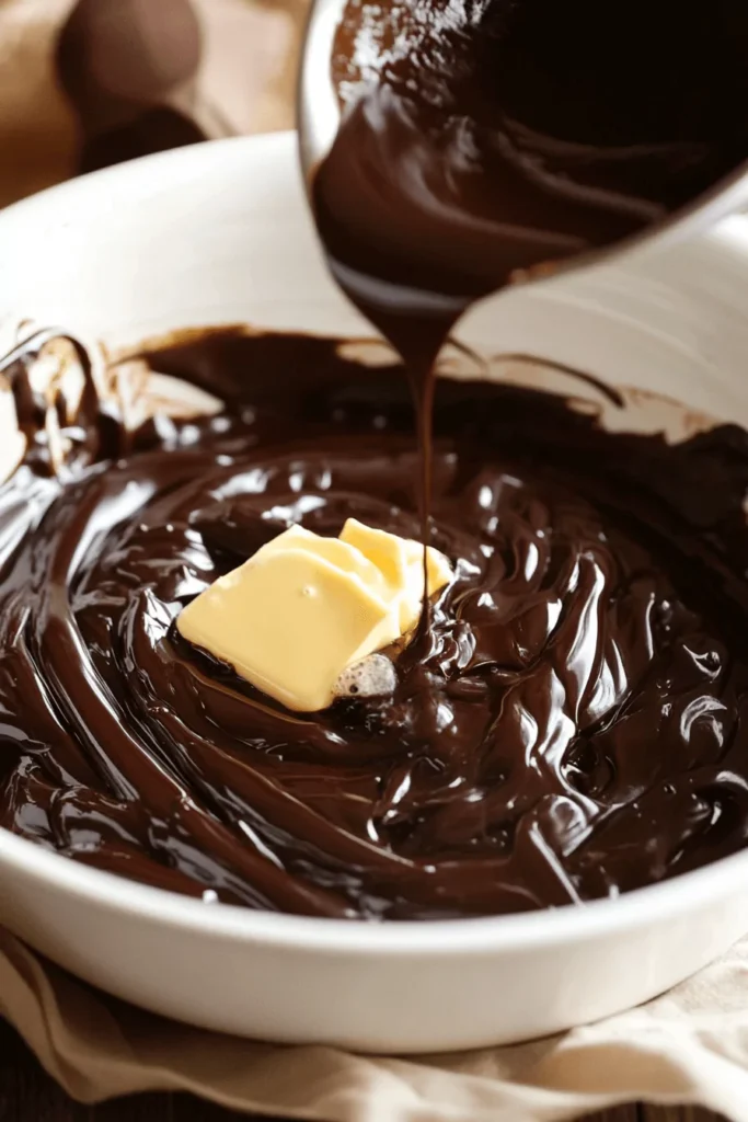 Chocolate Delight DTI 3 Melted chocolate being poured into a bowl with a block of butter slowly melting into the glossy mixture.