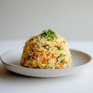 Anjappar Egg Fried Rice served on a white plate, with vibrant vegetables, scrambled eggs, and fresh cilantro garnish on top.