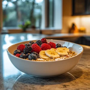 Breakfast Inspired DTI 4 A vibrant bowl of Breakfast Inspired DTI featuring fresh raspberries, blueberries, blackberries, and banana slices on a bed of granola, set on a marble kitchen counter with a softly blurred, cozy kitchen background.