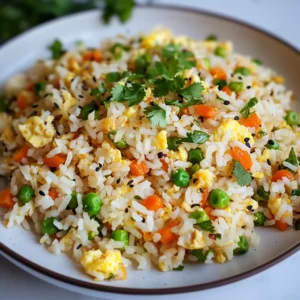 A close-up shot of Authentic Anjappar Egg Fried Rice, featuring fluffy rice, scrambled eggs, vibrant carrots, peas, and fresh cilantro, garnished with black sesame seeds.