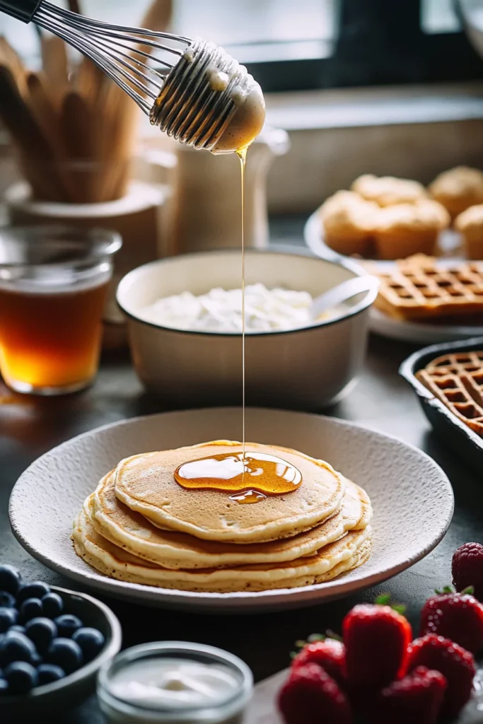 DTI Breakfast Inspired 3 Golden pancakes stacked on a plate with honey drizzling from a whisk, surrounded by fresh berries, waffles, and a bowl of whipped cream in a cozy kitchen setting.