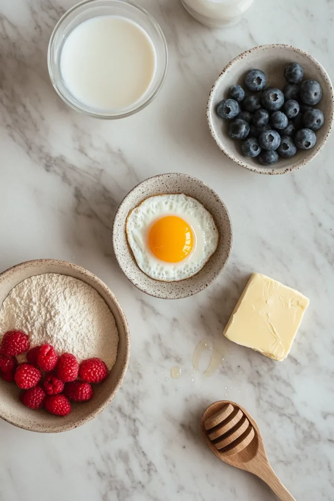 DTI Breakfast Inspired 2 Top-down view of fresh breakfast ingredients including flour, raspberries, a fried egg, blueberries, butter, honey, and a glass of milk on a marble kitchen countertop.