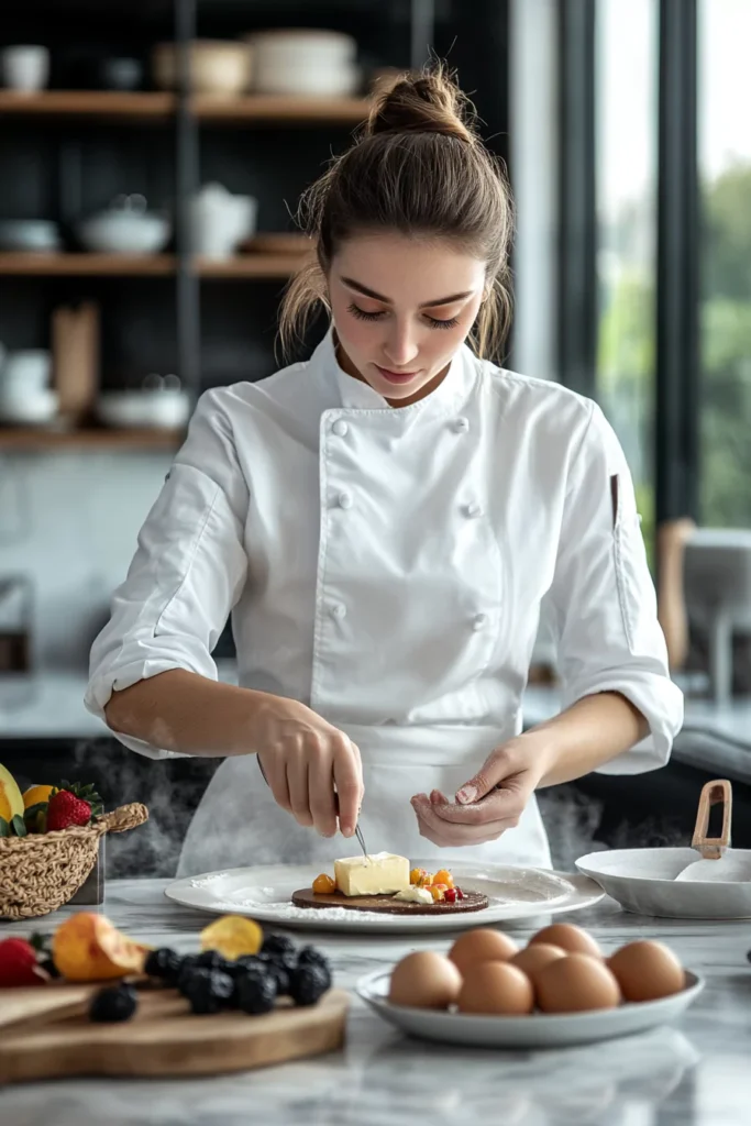 Chefs and Bakers DTI 3 A skilled female chef in a white uniform carefully plating a gourmet dessert in a modern kitchen, surrounded by fresh ingredients and baking essentials.