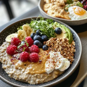 Breakfast Inspired DTI Ideas 4 A beautifully plated bowl of creamy oatmeal topped with fresh raspberries, blueberries, banana slices, granola, avocado, and a drizzle of peanut butter, served with a side of yogurt and greens.