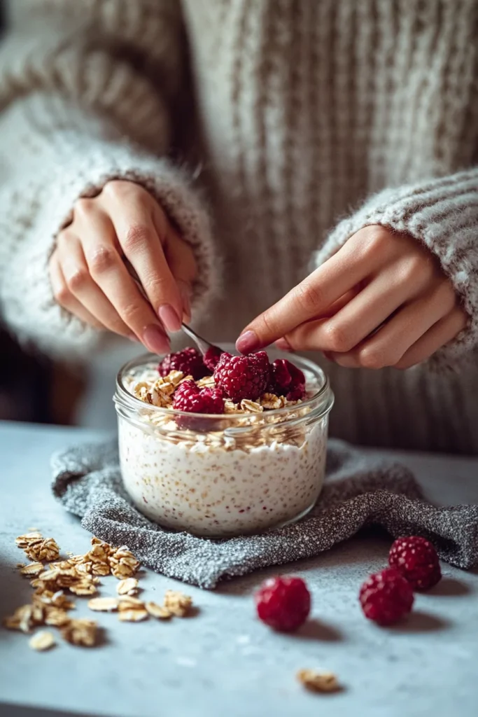 Breakfast Inspired DTI Ideas 3 A close-up of a woman's hands preparing a jar of overnight oats, carefully topping it with fresh raspberries and granola. The scene has warm, natural lighting.