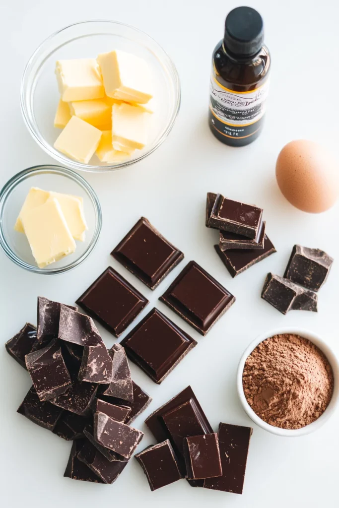 Chocolate Delight DTI Recipe 2 Flat-lay shot of Chocolate Delight DTI Recipe ingredients, including dark chocolate, butter, cocoa powder, vanilla extract, and an egg on a white background.