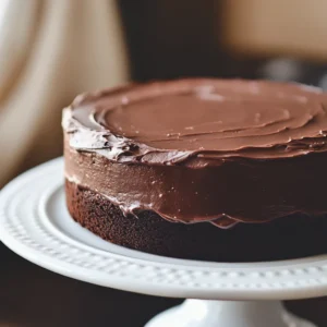 DTI Cake 4 A rich and decadent DTI Cake with smooth chocolate frosting, displayed on a white cake stand with soft natural lighting.