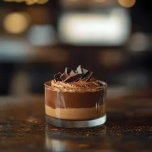 Chocolate Delight DTI Recipe 4 A rich and creamy Chocolate Delight DTI Recipe served in a glass ramekin, topped with dark chocolate shavings and cocoa powder, with a blurred background.