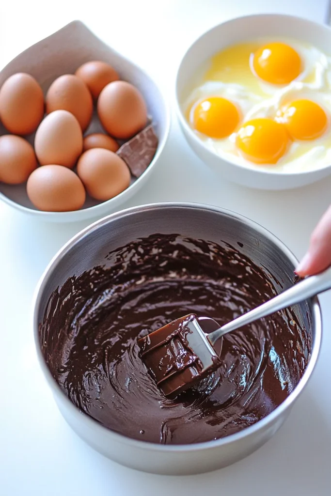 Chocolate Delight DTI Recipe 3 Step-by-step process of making Chocolate Delight DTI Recipe, showing melted chocolate being mixed in a bowl with eggs and chocolate ingredients in the background.