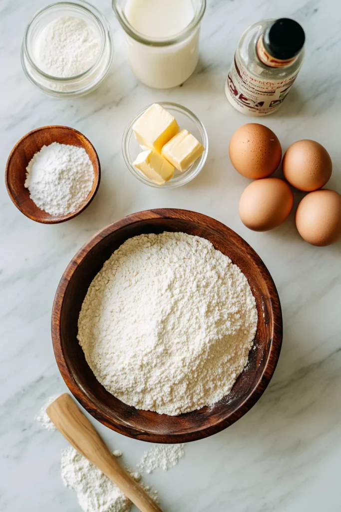 Dti Cake Recipes 2 A neatly arranged set of fresh baking ingredients for Dti Cake on a marble countertop, including flour, eggs, butter, milk, vanilla extract, and baking powder.