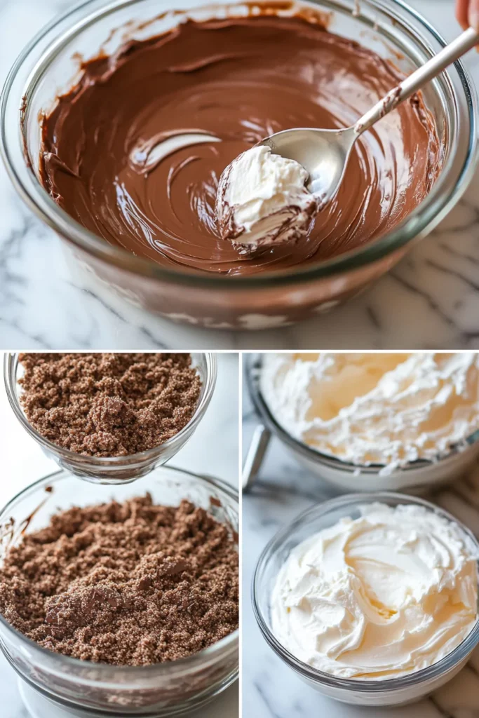 Easy Chocolate Delight DTI 3 Step-by-step preparation of Easy Chocolate Delight DTI, featuring melted chocolate with cream cheese, chocolate crumb mixture, and whipped cream in glass bowls.