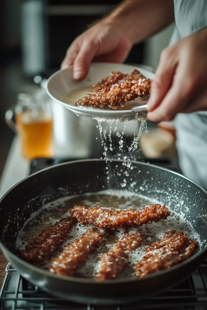 Fried Turkey Ribs 3 Fried turkey ribs being lifted from a hot skillet of bubbling oil with crispy golden texture visible.