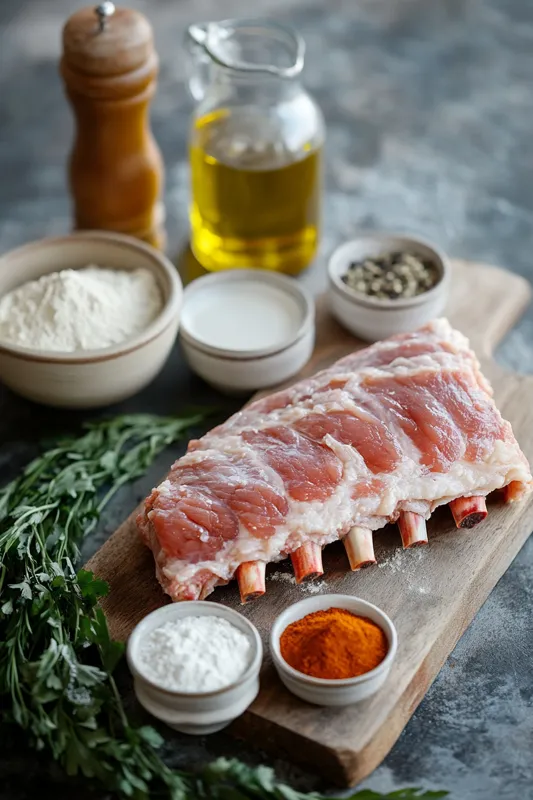 Fried Turkey Ribs 2 Fresh turkey ribs and ingredients for fried turkey ribs recipe on a wooden board with bowls of spices, flour, and buttermilk.