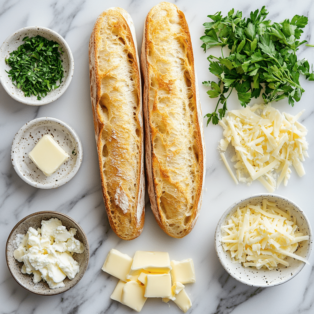 quick-cheesy-garlic-bread-ingredients.jpg ingredients for quick cheesy garlic bread on marble background