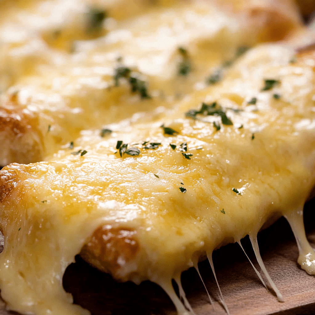 quick cheesy garlic bread on wooden board with melted cheese