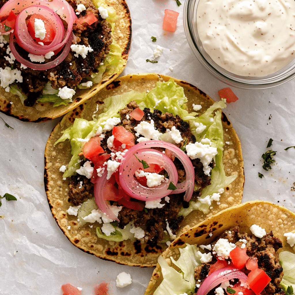 turkey-smash-burger-tacos Turkey Smash Burger Tacos with Mediterranean Toppings