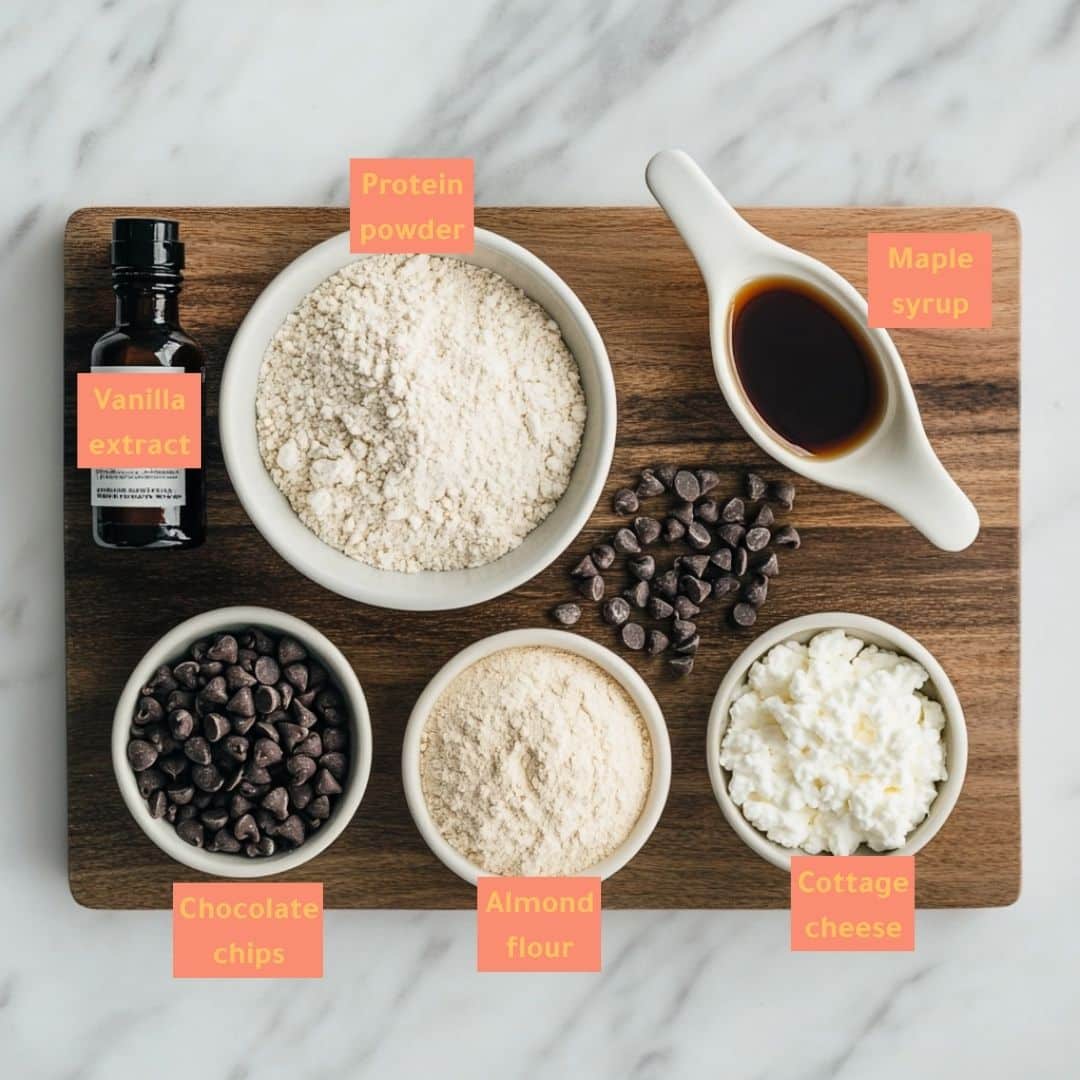 cottage-cheese-cookie-dough-ingredients-board.jpg All ingredients for cottage cheese cookie dough laid out on a wooden board