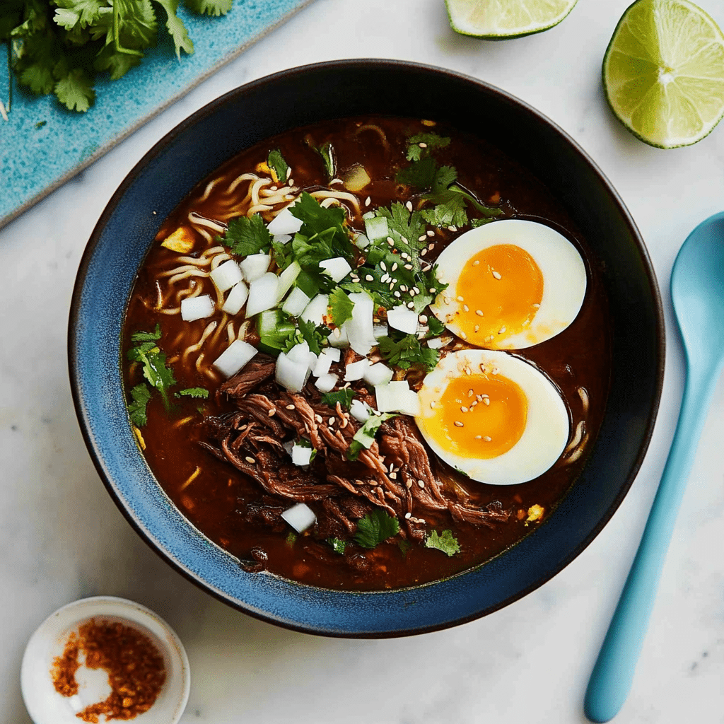 Ramen Birria – Fusion Comfort in a Bowl Ramen birria bowl with soft-boiled eggs, shredded beef, cilantro, onions, and sesame seeds