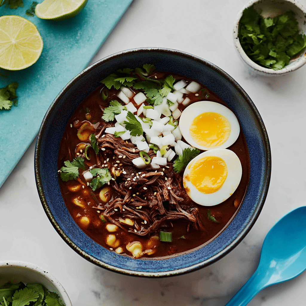 Ramen birria in ceramic bowl with toppings