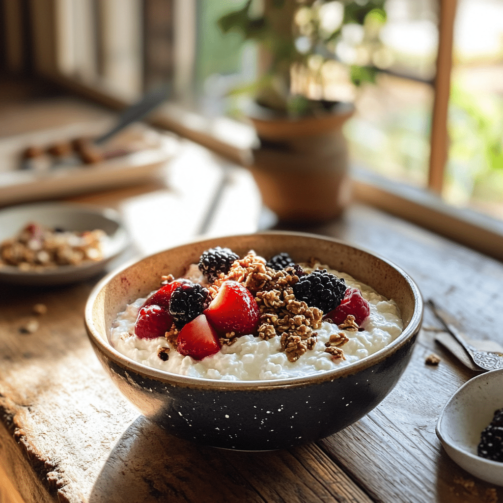 cottage-cheese-fruit-bowl-final-serving.jpg Finished bowl of cottage cheese with fruit and granola served by the window