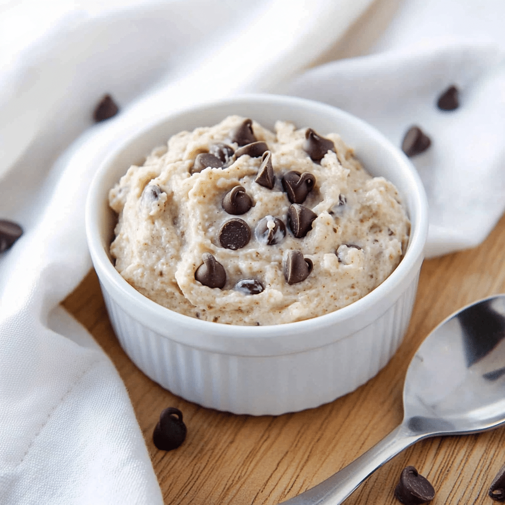 cottage-cheese-cookie-dough-served.jpg Cottage cheese cookie dough served in a small white bowl with chocolate chips