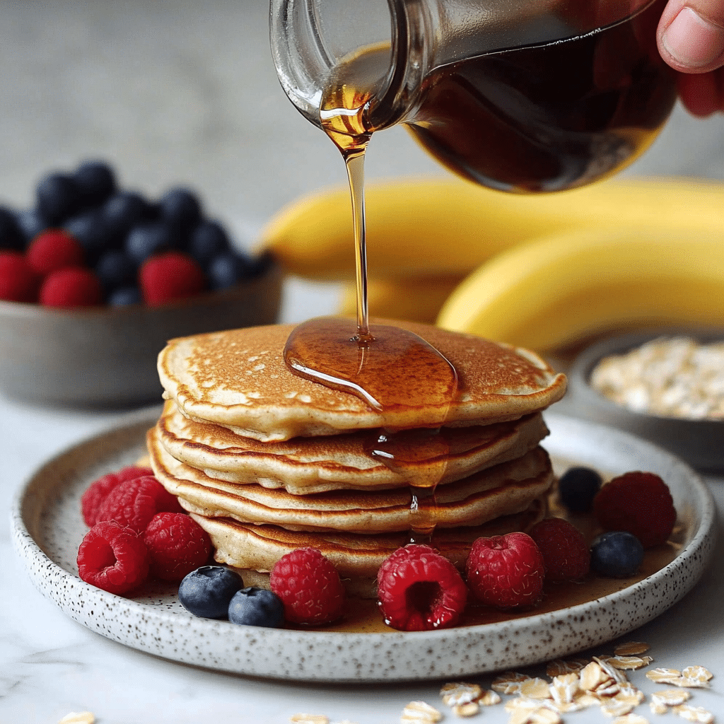 oatmeal-cottage-cheese-pancakes-serving.jpg oatmeal cottage cheese pancakes with maple syrup and berries