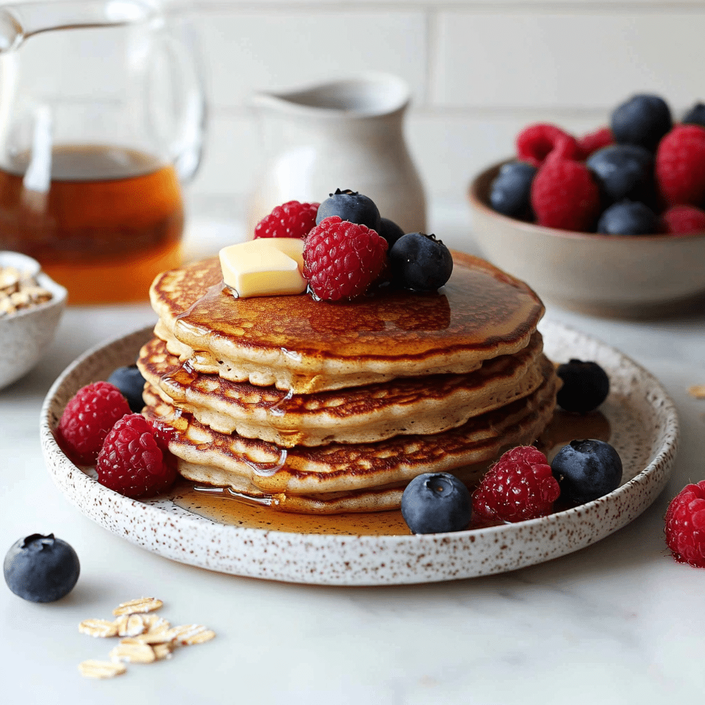 Fluffy oatmeal cottage cheese pancakes with berries
